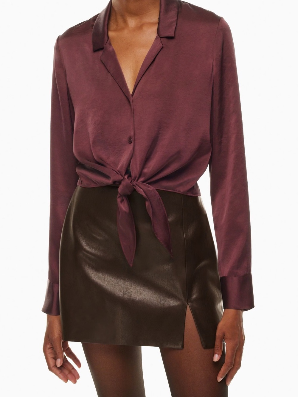 Wilfred Aritzia Burgundy Satin Front-Tie Blouse - Size M